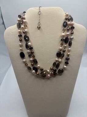 VTG Multi-Strand Brown Smoky Quartz & Freshwater Pearl Beaded Necklace Mid Mod